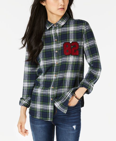 Juniors' Plaid Patch Button-Up Shirt